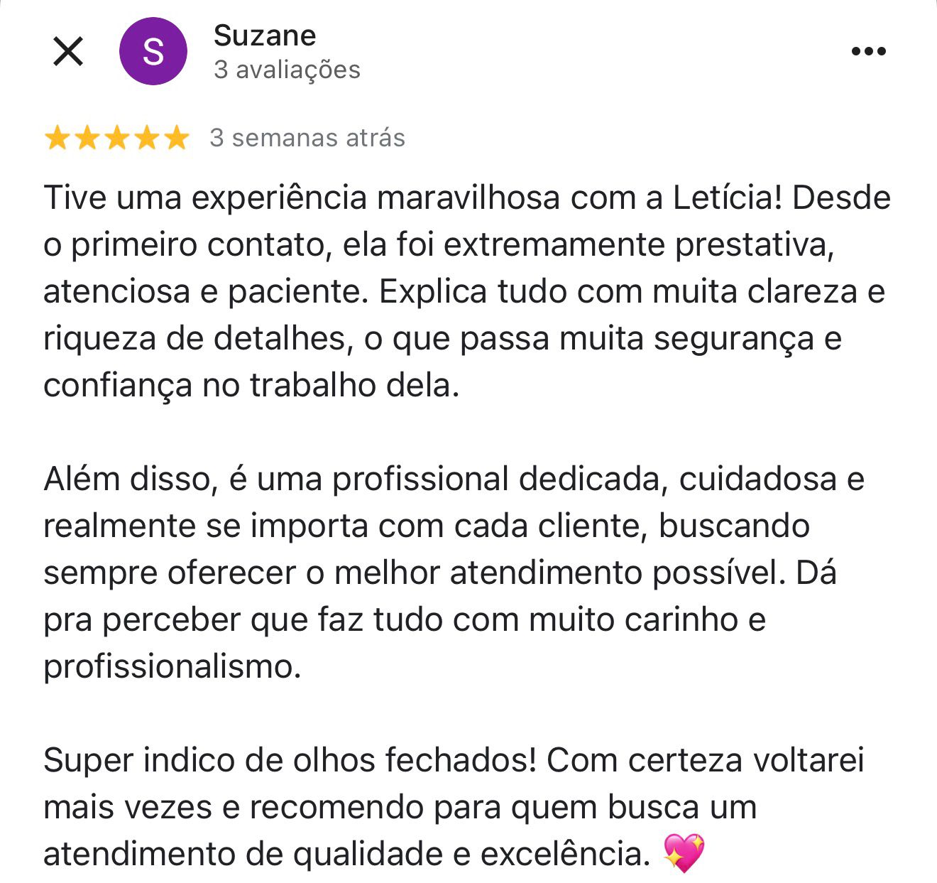 Avaliação 5 estrelas de Suzane